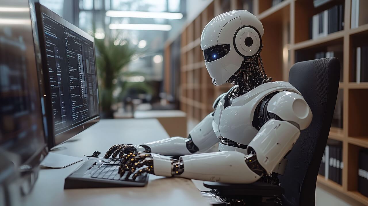 AI 챗봇과 자동화 기술이 고객 서비스를 대체하고 있는 모습을 상징적으로 표현한 이미지