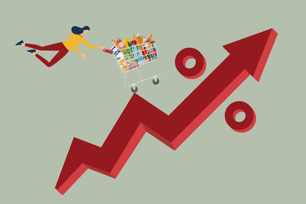 상승하는 그래프와 생활 소비 아이콘으로 생활비와 물가 상승을 상징적으로 표현한 이미지