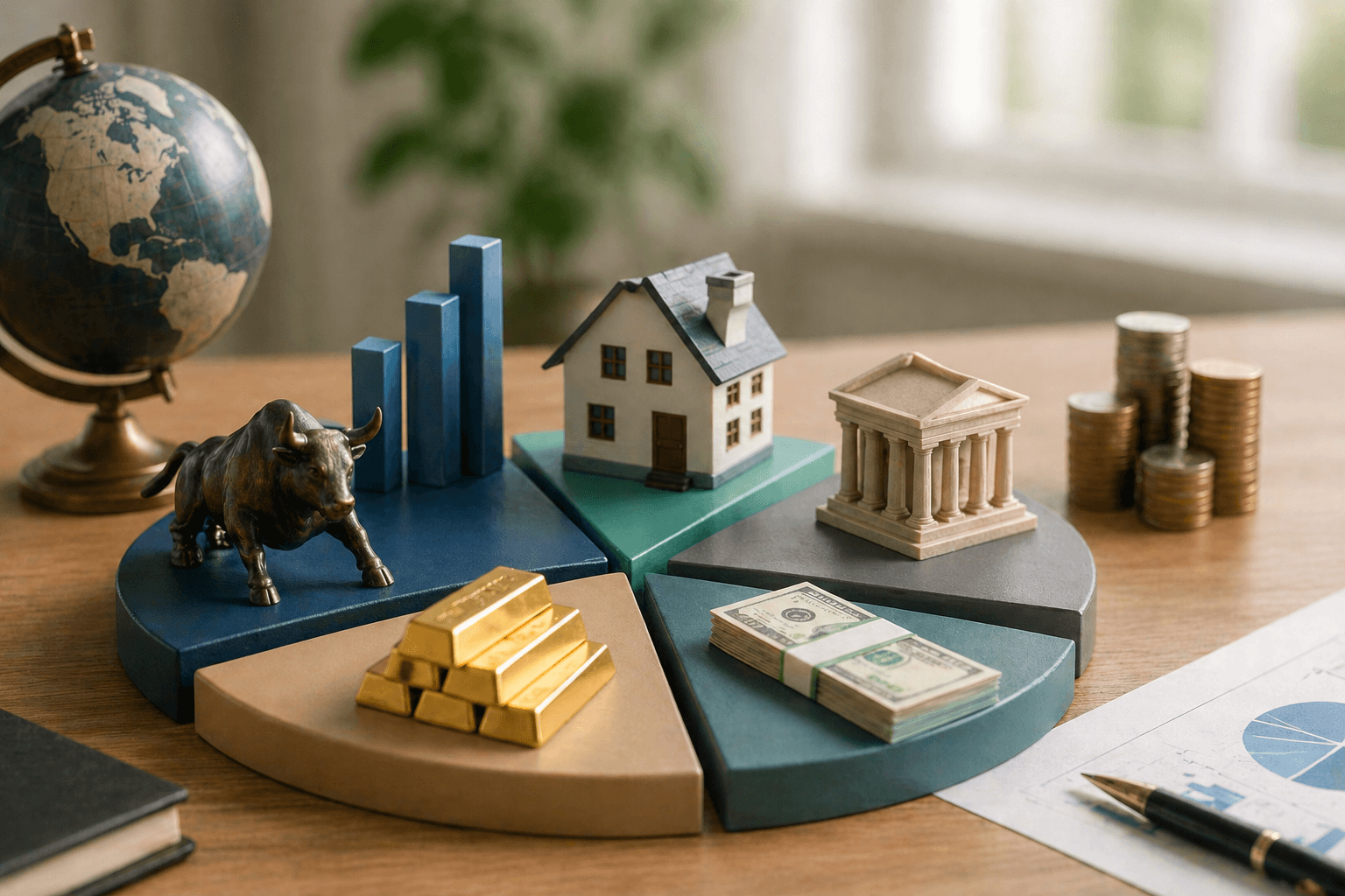 Diversified investment portfolio concept shown as a pie chart with stocks, cash, real estate, gold, and bonds