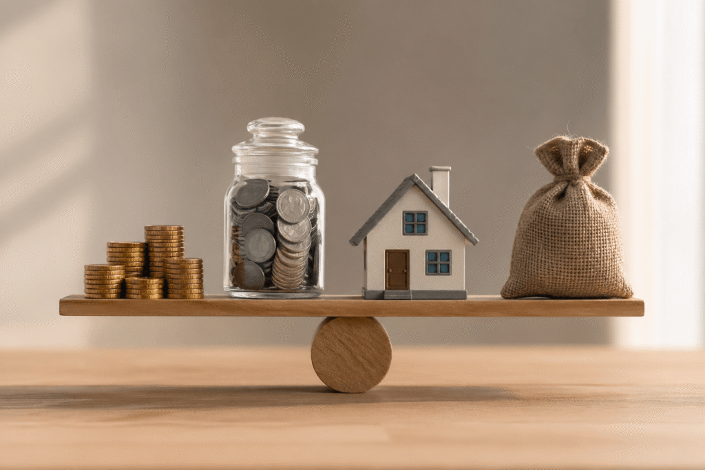 Balanced asset allocation concept with stocks, cash, real estate, and savings represented on a scale