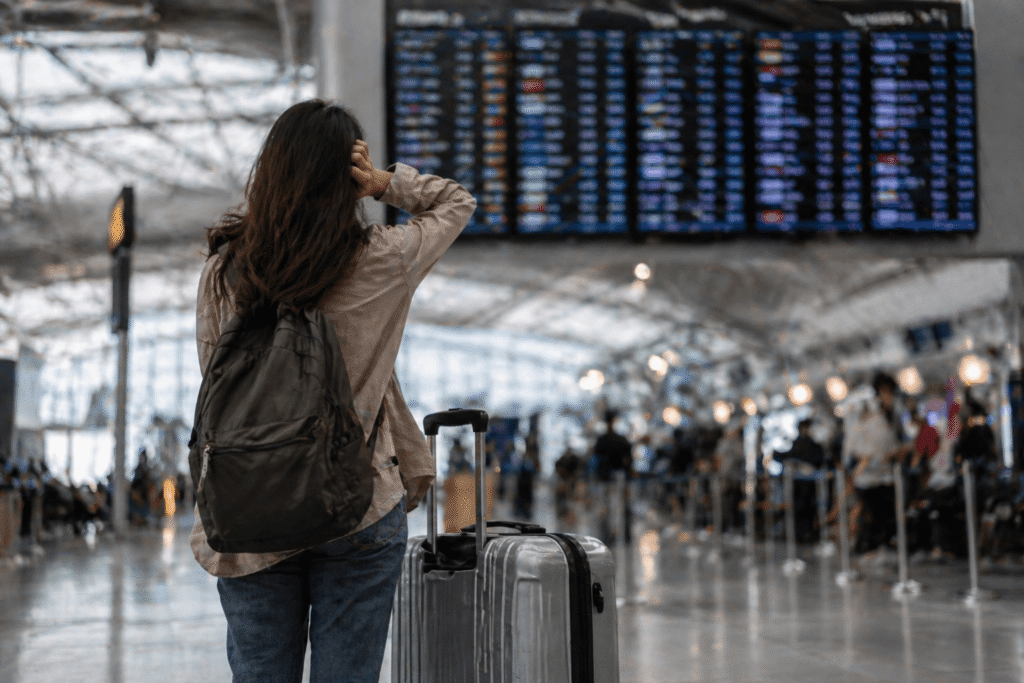 공항 출발 안내판 앞에서 여행 일정을 확인하는 여행객과 캐리어 모습