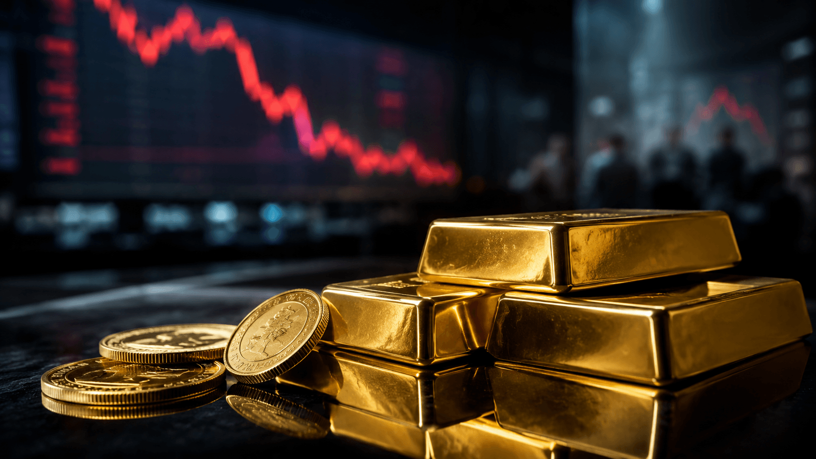 Gold bars and coins on a dark reflective surface with a blurred red market downturn chart in the background, symbolizing gold as a safe haven during financial crises.