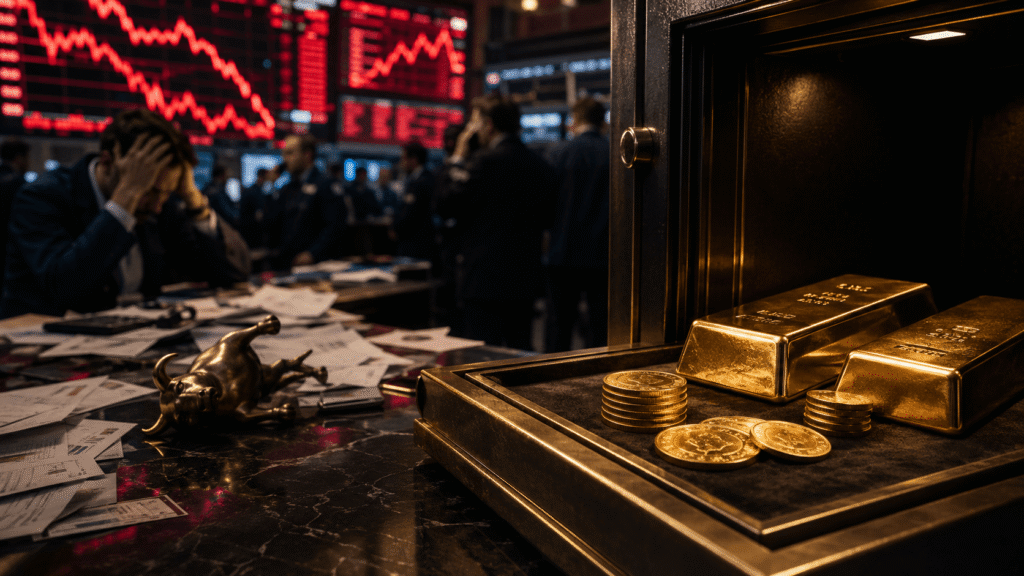 Gold bars and coins inside a secure vault tray while anxious traders and falling red market charts appear in the background, symbolizing money moving toward gold during a financial crisis.