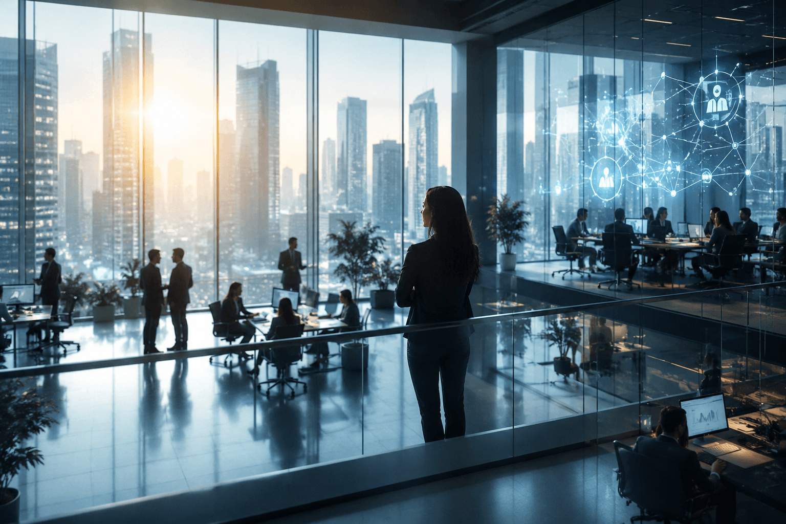 Modern corporate office with AI-powered collaboration, digital network visualization, and employees working in a technology-driven organizational environment.