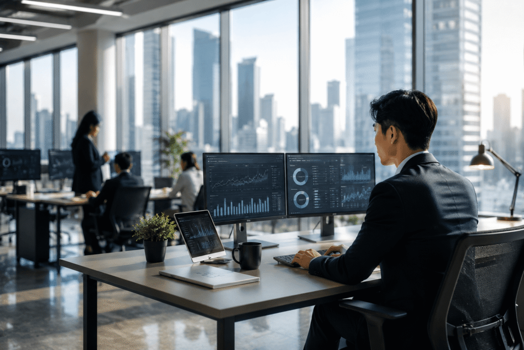 Business professional using AI-powered analytics dashboards in a modern office, illustrating how small teams can achieve higher productivity through technology and automation.