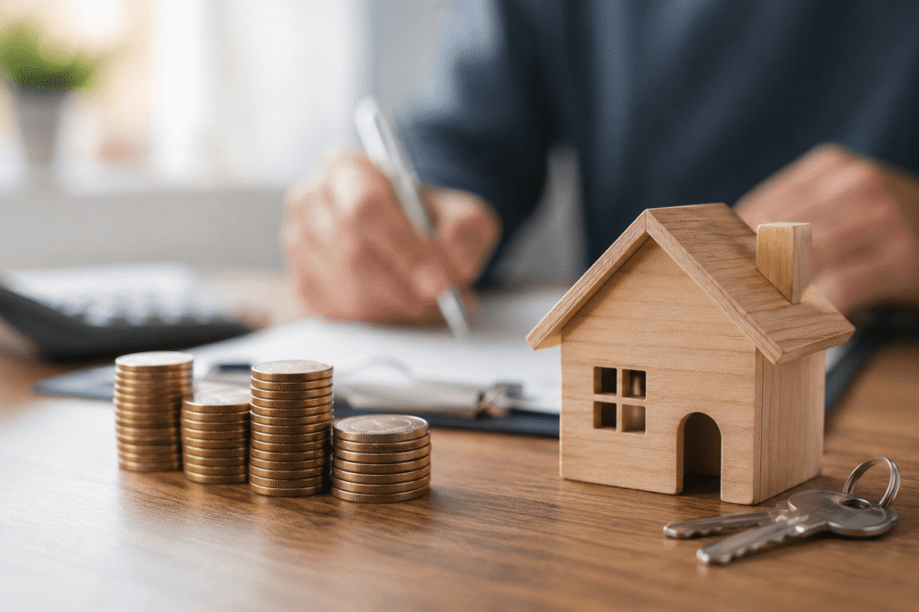 A wooden house model, stacks of coins, and house keys on a table, with a person in the background signing paperwork for a mortgage or home purchase.