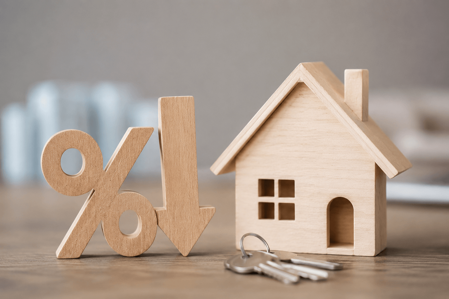 A wooden house model beside a downward percentage symbol and house keys, representing lower interest rates and their impact on the housing market.