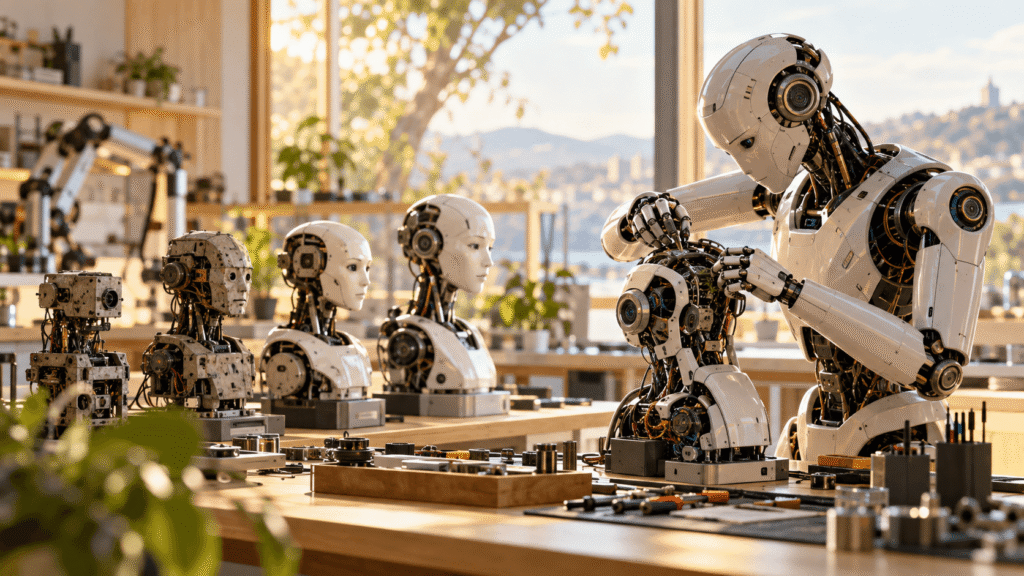 OpenAI AGI와 AI 자기개발을 표현한 미래형 AI 연구실과 진화하는 홀로그램 인공지능