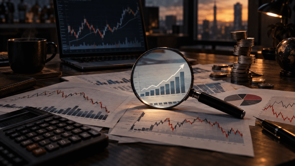Financial charts, a magnifying glass, calculator, and stacked coins illustrating the risks and warning signs investors should consider when analyzing a high ROE.