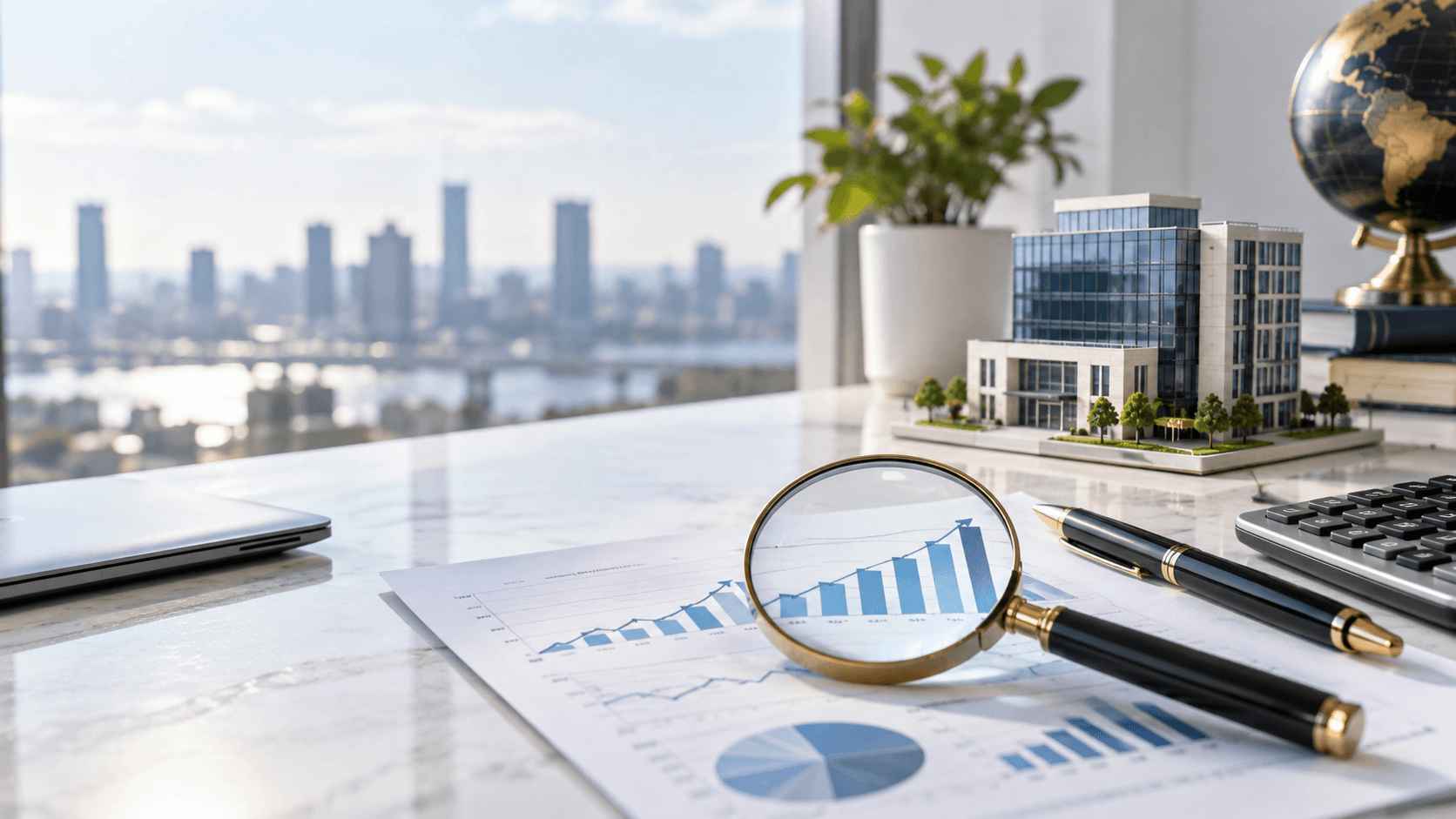 Financial report with rising charts, a magnifying glass, calculator, and office building model representing ROE analysis and company evaluation