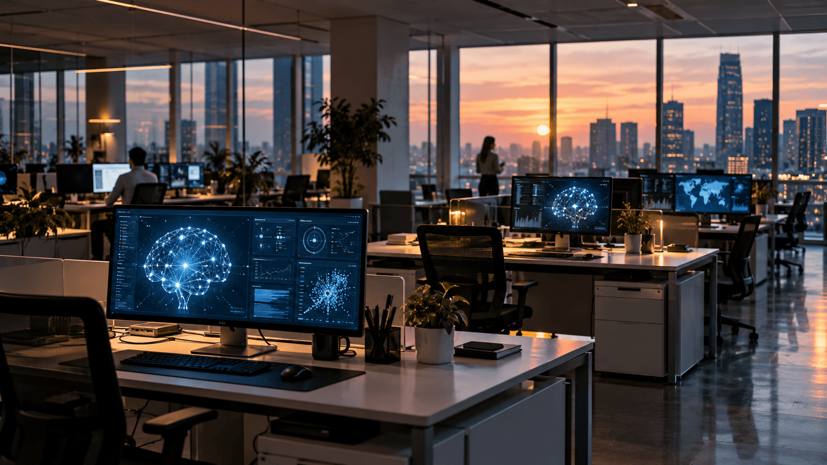 Modern office with AI-powered computer screens and empty workstations, representing rising AI investment, workforce restructuring, and changing corporate work.