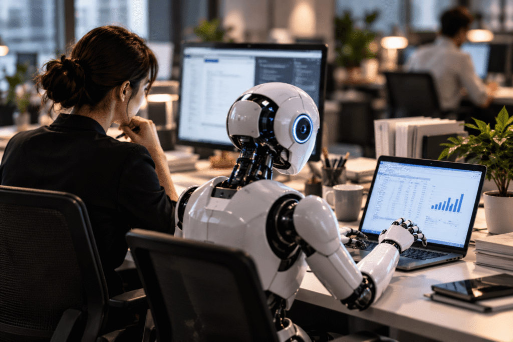 Office worker collaborating with an AI-powered humanoid robot using computers and data dashboards in a modern workplace.